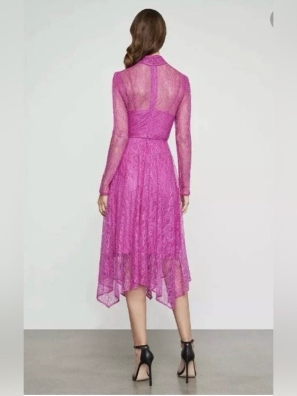 NWT BCBGMAXAZRIA Magenta Pink Lace Cutout Asymmetrical Midi Dress Size 8 - Picture 2 of 8